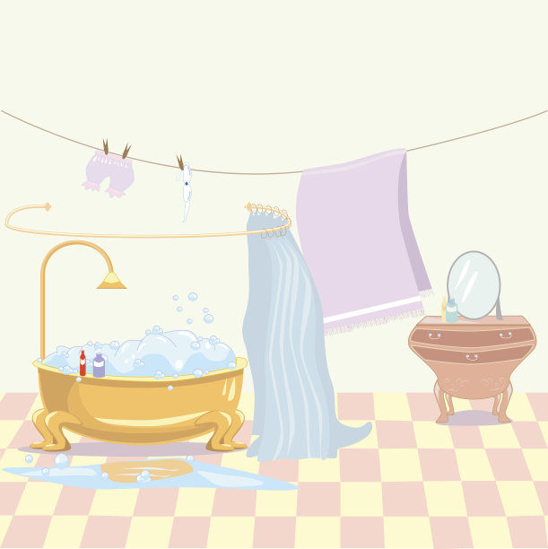 有抽屉和蓝色窗帘的浴室图片下载