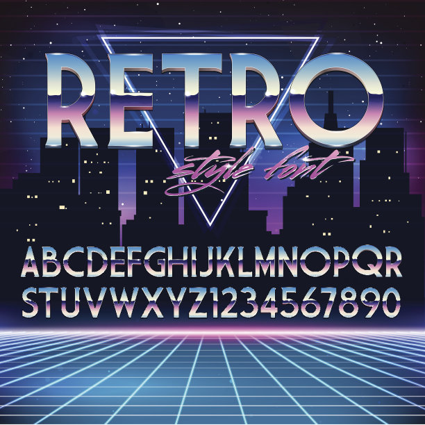 闪亮的Chrome字母在80年代复古未来主义风格素材图片