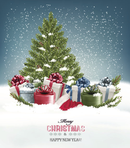圣诞背景有圣诞树和礼物。向量。素材图片