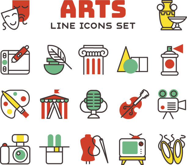 一套艺术图标在平面设计相机图片笔刷调色板娱乐符号和艺术家墨水图形颜色创意电影收集矢量插图图片下载