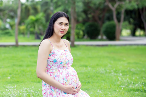 美丽的孕妇在公园里休息图片下载