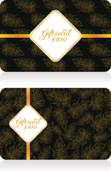 黑色礼品卡与金色装饰羽毛图案和蝴蝶结图片下载
