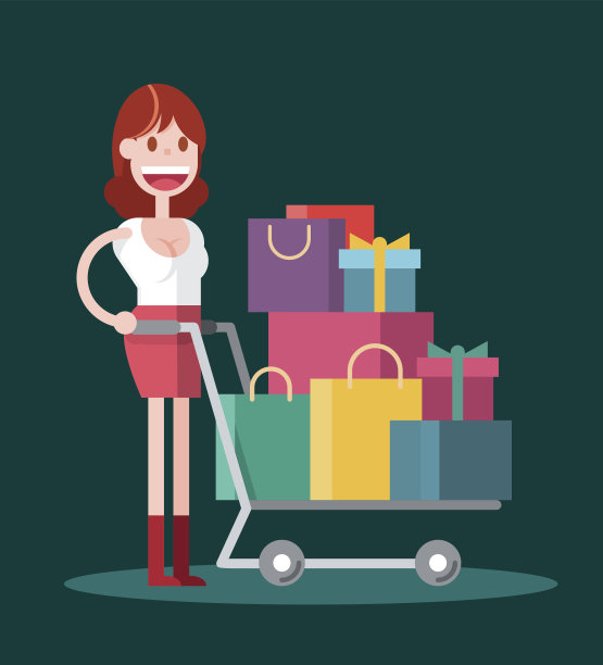 扁平女孩在黑暗的背景购物。图片下载