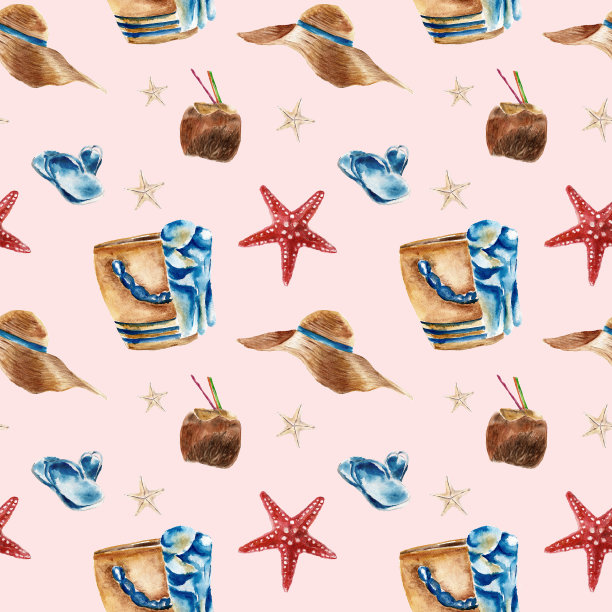 无缝图案的沙滩包，鞋子，太阳镜和一个椰子图片下载