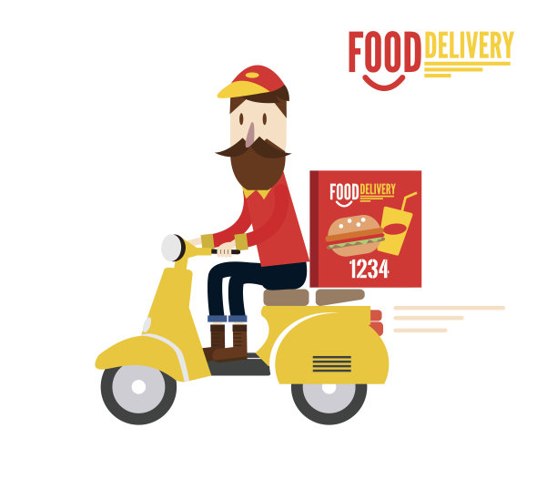 送餐员骑着黄色的摩托车。图片下载