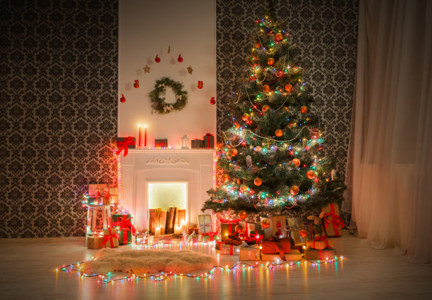 圣诞房室内设计，装饰树上的花环灯图片下载