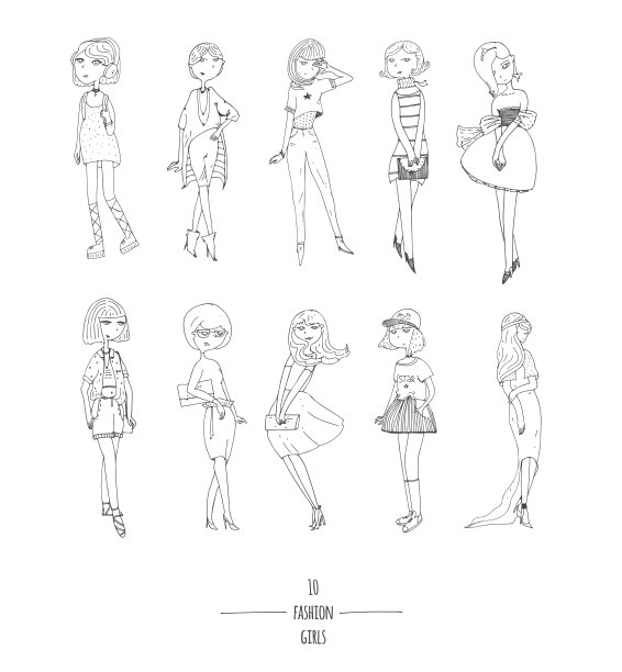 手绘矢量集可爱的时尚女孩在裙子图片下载