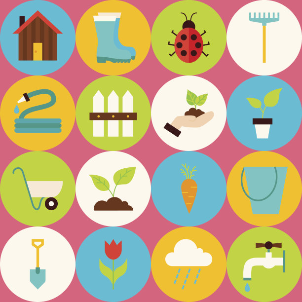 矢量粉红色平面园艺工具无缝模式与圆圈图片下载