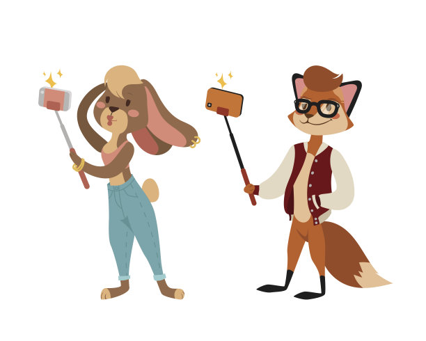 有趣的图片摄影师哺乳动物的人拿着自拍杆在他的手和可爱的动物自拍一起与智能手机相机矢量插图图片下载