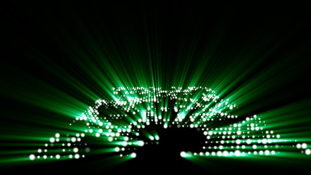 在黑色背景的3D芯片微处理器中抽象的绿色点和发光灯图片下载