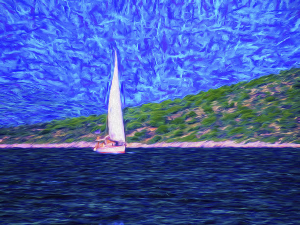 与帆船海景。绘画。图片下载