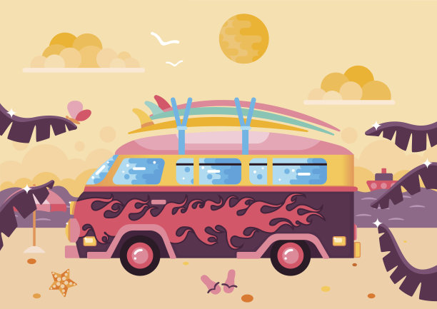 冲浪车平面插图在海滩上。图片下载