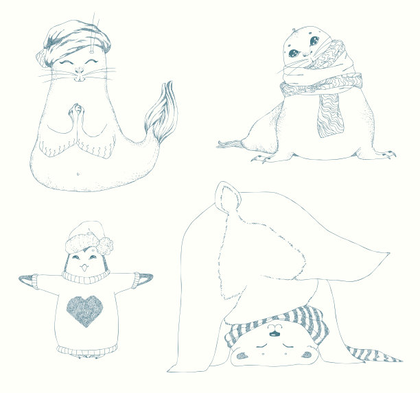 瑜伽动物儿童组。冬天的动物，圣诞节的设计。图片下载