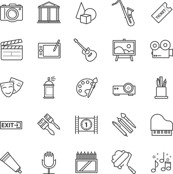 线条图标设置艺术，娱乐，绘图工具图片下载