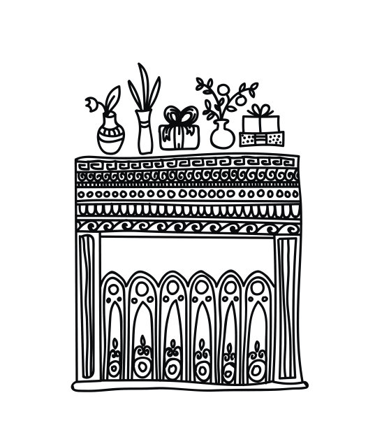 矢量手绘背景。壁炉、礼物和荧光灯图片下载