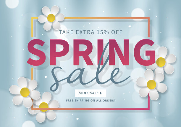 春季销售横幅模板社交媒体和移动应用与纸雏菊花孤立在蓝色散焦背景。矢量图图片下载