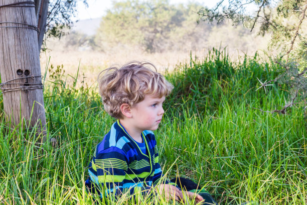 一个金发小男孩坐在草地上的照片图片下载