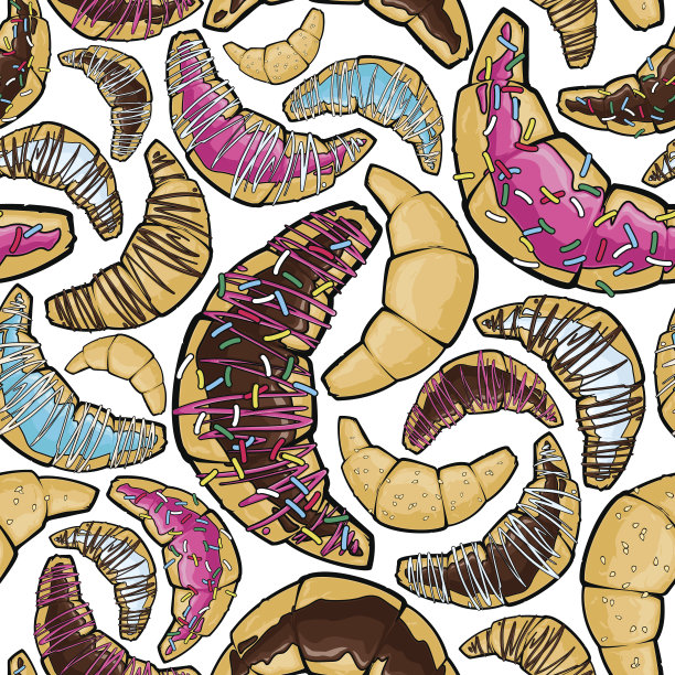 矢量无缝模式与卡通牛角面包。图片下载