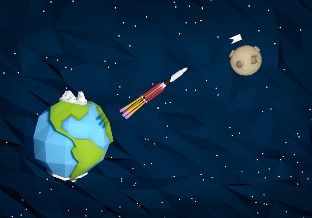 几何风格的外太空，飞向月球。图片下载