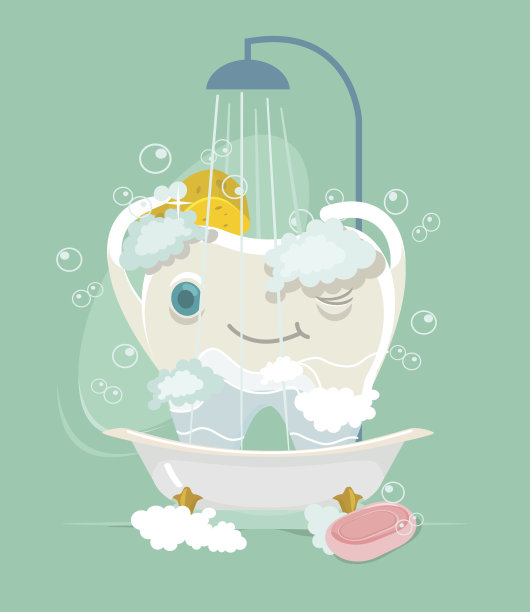 开心牙字洗澡。矢量平面卡通插图图片下载