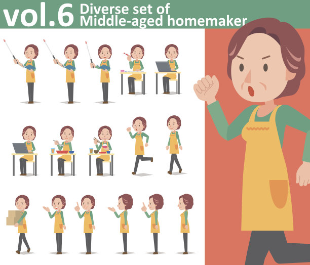 各式各样的中年家庭主妇穿着围裙卷图片下载