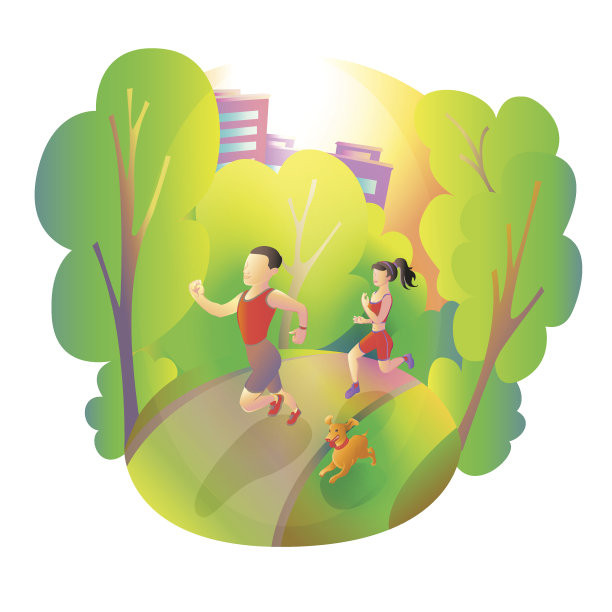 晨跑运动的男人、女人和狗在城市里图片下载