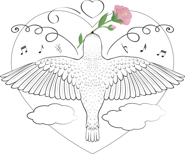 黑色图形飞行鸟在喙持有彩色花。图片下载