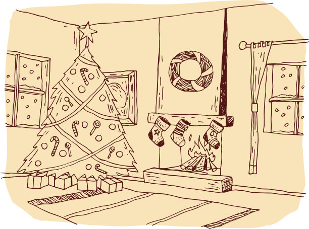 圣诞节传统装饰房间，圣诞树和壁炉。矢量插图。图片下载