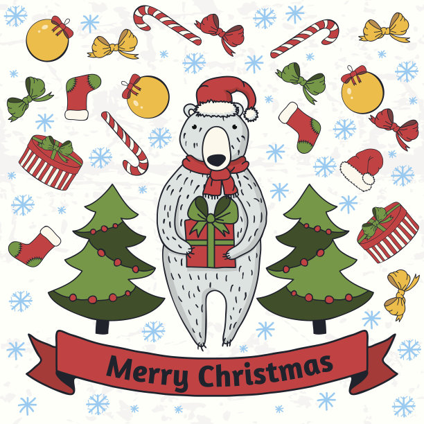 小熊与礼盒。新年或圣诞贺卡图片下载