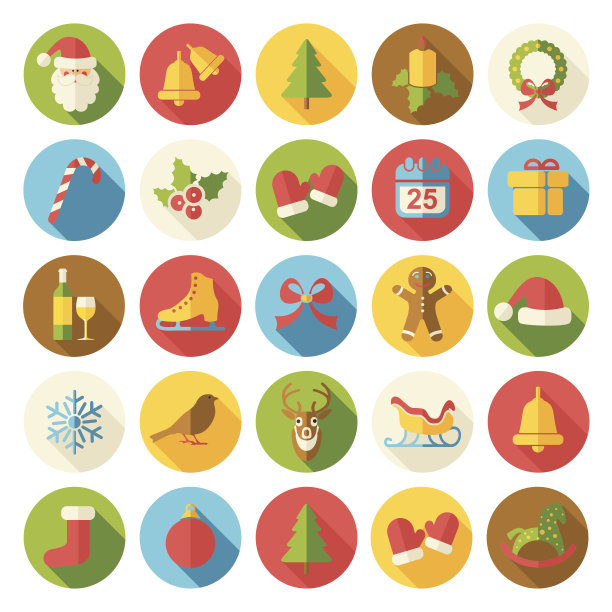 圣诞平面矢量图标设置与阴影图片下载