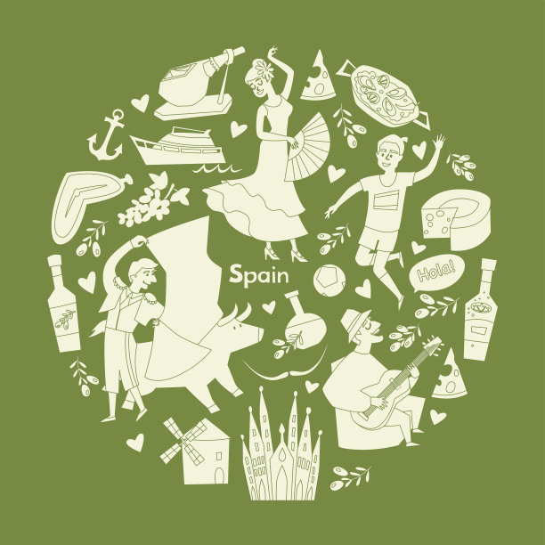 西班牙轮廓元素。绿色和米色手绘插图图片下载
