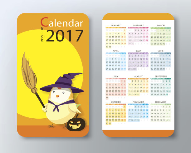 小鸡2017年日历。名片的尺寸。万圣节图片下载