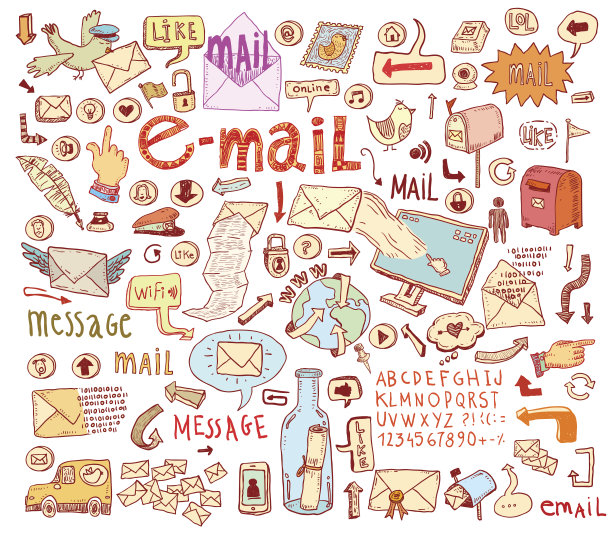 电子邮件涂鸦集。手绘矢量插图。图片下载