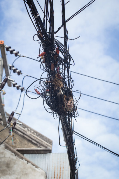 鸟窝在泰国的电力和电话迷宫电缆图片下载