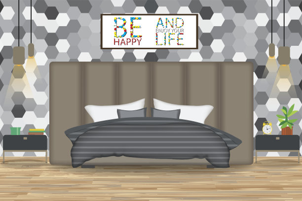 阁楼风格室内设计矢量插图。床在前面图片下载