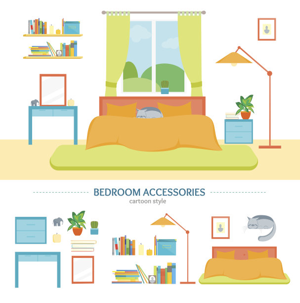室内经典卧室，家具和元素设置。向量图片下载