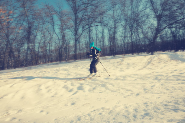 女子滑雪者在树的背景上滑雪下坡图片下载