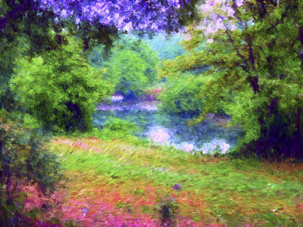 数字绘画插画艺术。森林中的小湖。图片下载