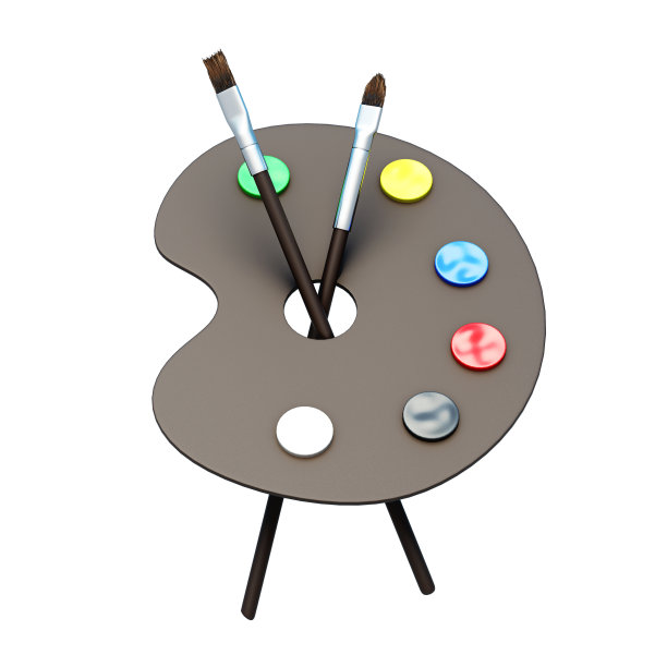 调色板和刷子隔离在白色背景。三维渲染图片下载