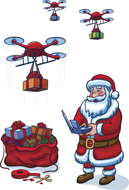 圣诞老人持有移除控制器无人机和递送礼物，N图片下载