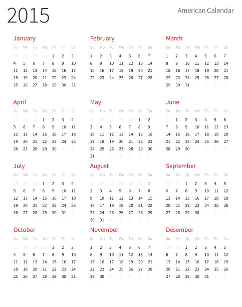 美国历法2015年。一周从星期天开始。图片下载