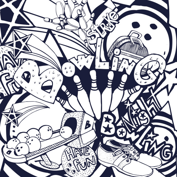 老式保龄球设备拼贴。手绘。图片下载