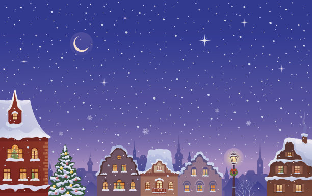 下雪的晚上小镇图片下载