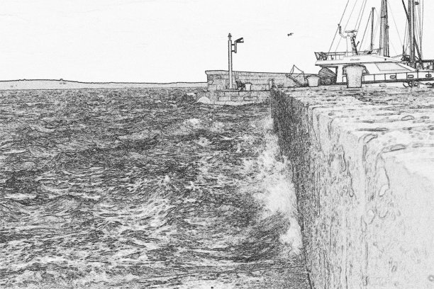 素描。在克罗地亚，海浪撞上了鼹鼠图片下载