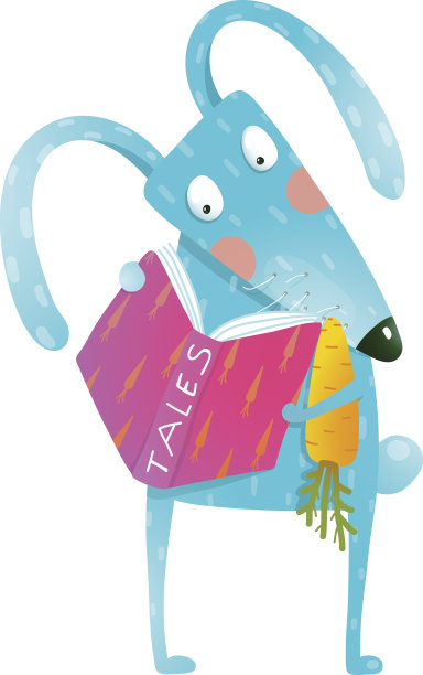 卡通蓝兔子在看书吃胡萝卜素材图片