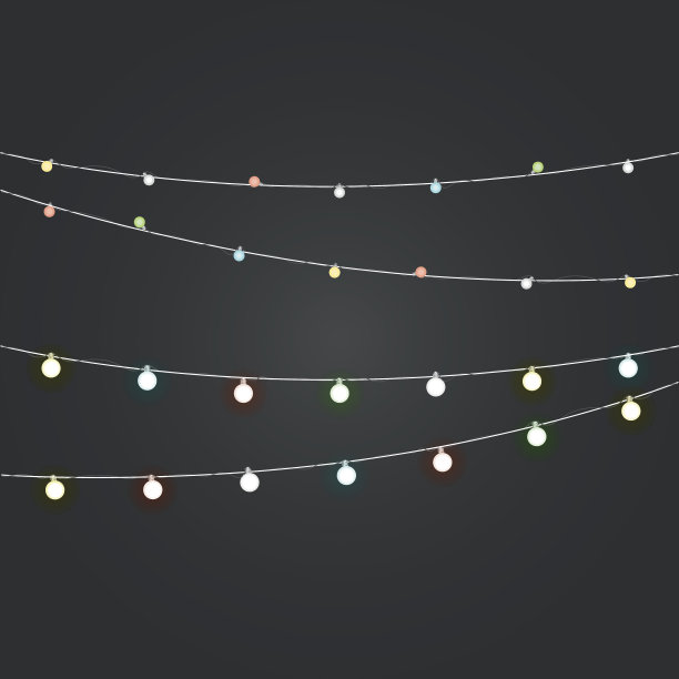 不同颜色照明花环矢量设置在黑暗的背景。圣诞灯向量收集。发光的灯图片下载