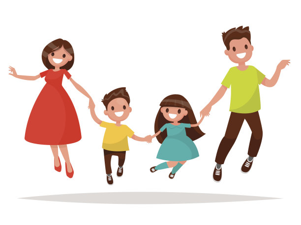 快乐的一家人在跳跃。爸爸，妈妈，女儿和儿子抱着图片下载