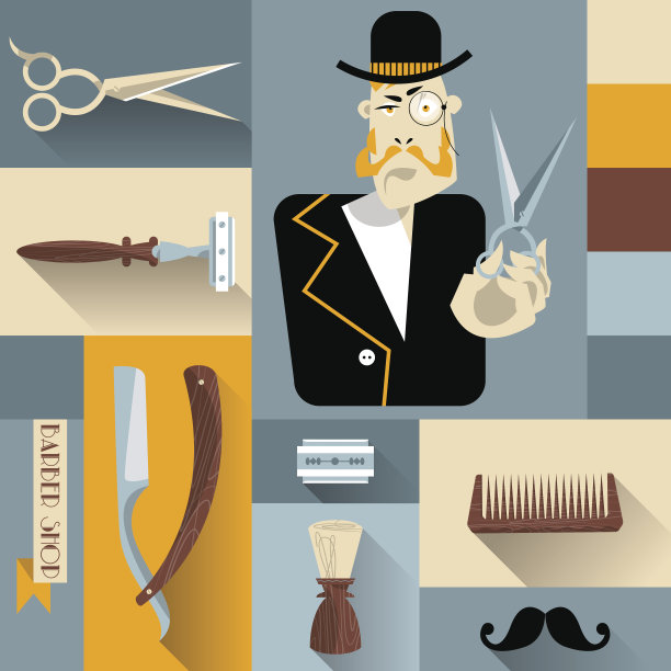 一套复古的理发店和发型师图标。图片下载