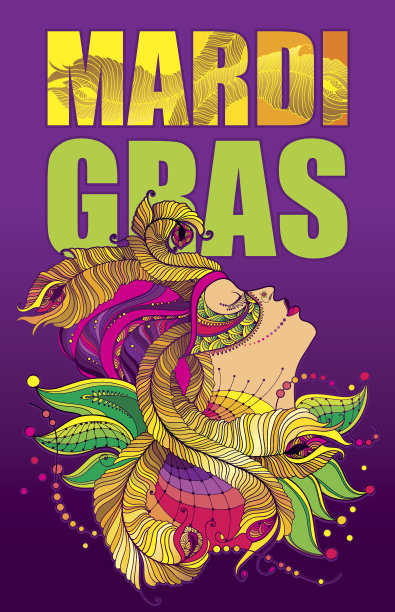 矢量牌与侧面女人的脸在嘉年华面具与轮廓金色孔雀羽毛，华丽的衣领和彩色的珠子在紫罗兰的背景。为狂欢节设计。图片下载