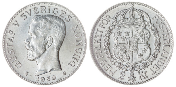 2克朗1939年硬币孤立在白色背景，瑞典图片下载